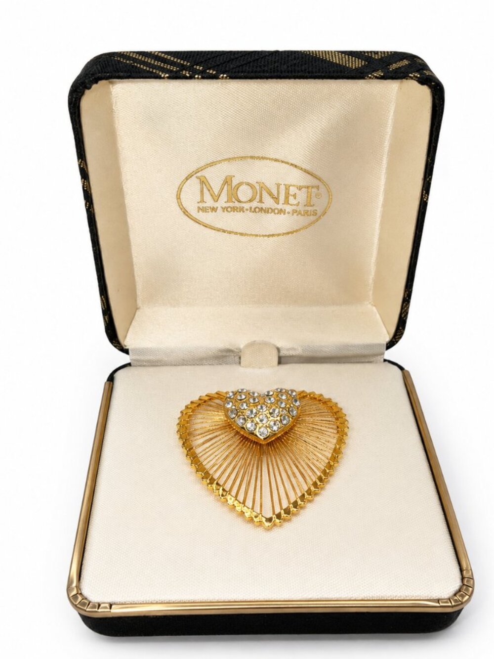NIB Monet Gold Tone Rhinestone Double Heart Brooch Pin in Original Box